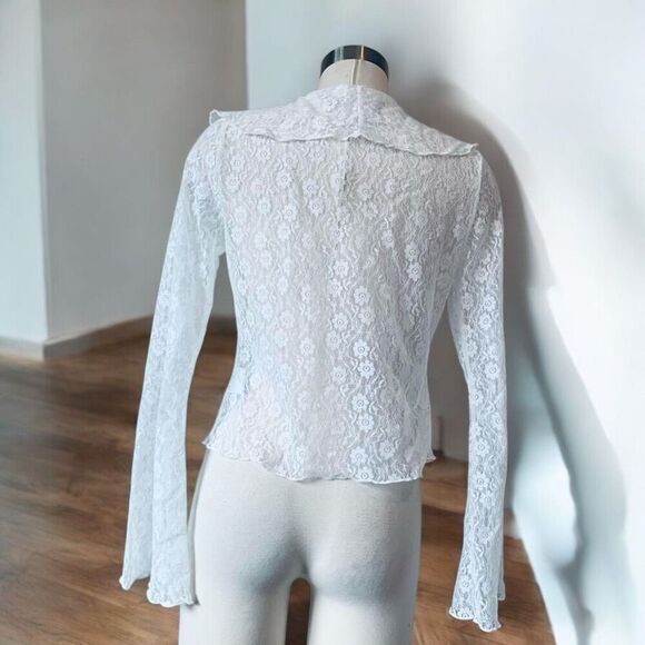 Daisy Street White Ruffle Cardigan Front Tie Smocked Sheer Bell Sleeve L - Picture 2 of 6